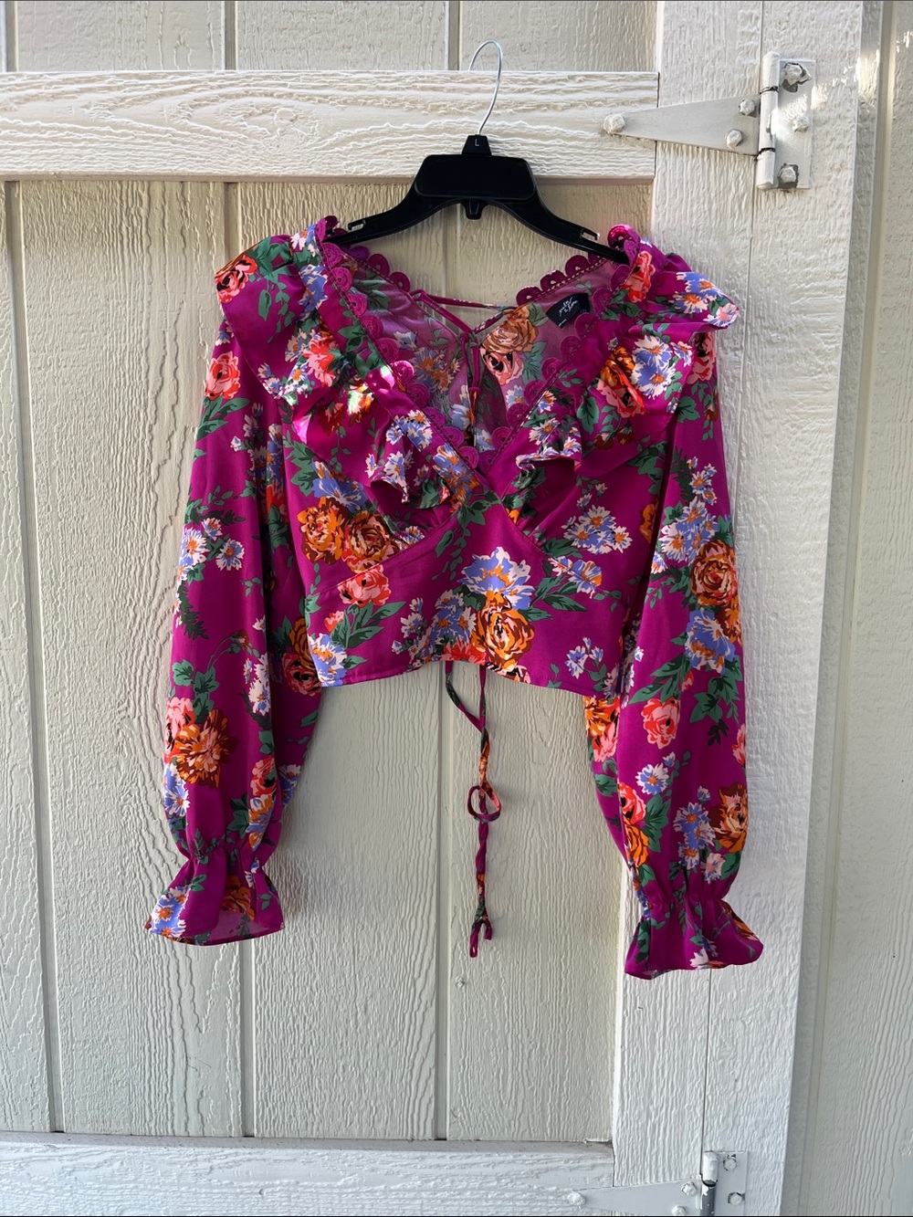 Ruffled Floral Tie-Front Crop Top - Magenta